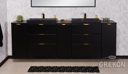 Czarna matowa szafka łazienkowa z dwiema czarnymi umywalkami 210 cm Liv 2 Victa