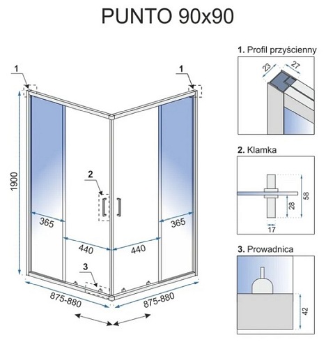 Kabina prysznicowa 90x90, srebrne profile Punto Rea