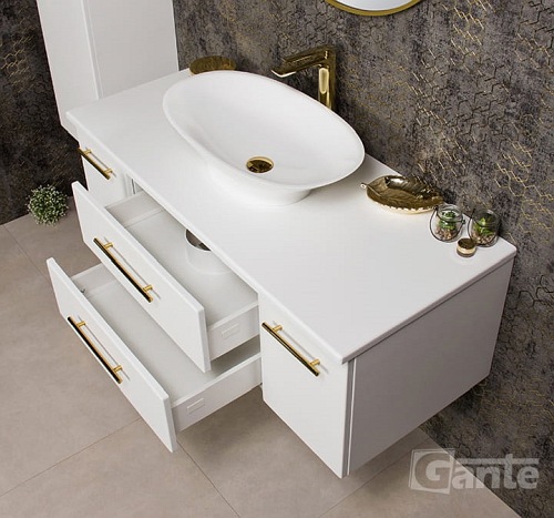 Szafka wisząca biały mat z umywalką nablatową 120/50 cm Belli Gold Gante
