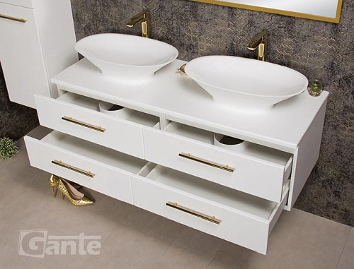 Szafka wisząca biały mat z dwiema umywalkami nablatowymi 140/50 cm Belli Gold Gante