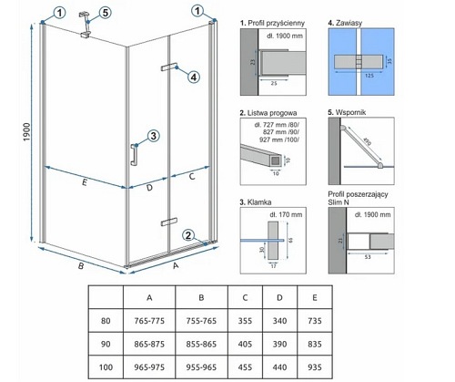 Kabina prysznicowa drzwi składane 90x80 Molier Chrome Rea