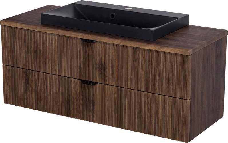 Szafka łazienkowa z lamelami wisząca z czarną umywalką nablatową 100 cm 39/2 Victa Lamello kolor orzech