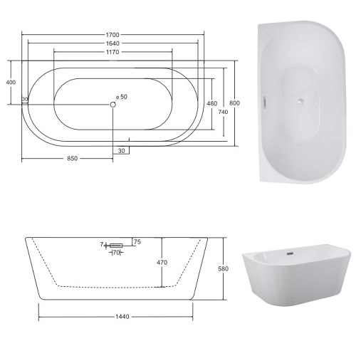 Wanna przyścienna 170 cm korek klik-klak chrom Vica Besco