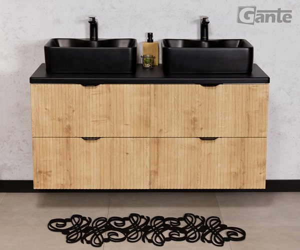 Szafka łazienkowa z dwiema czarnymi umywalkami wisząca dąb naturalny 120 cm Brendo Gante