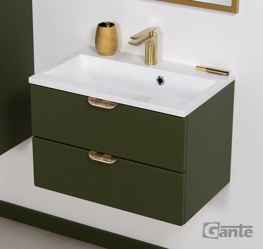 Oliwkowa szafka łazienkowa wisząca z umywalką złoty uchwyt 60 cm Magnolia