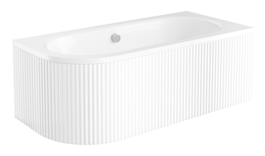 Biała ryflowana wanna asymetryczna akrylowa z obudową Avita Besco 170 cm Prawa