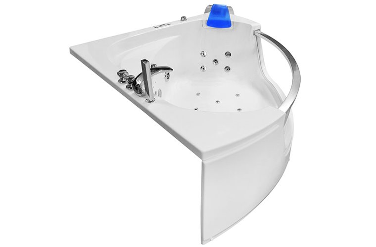 Wanna z hydromasażem narożna 135x135 cm MO-0057 niebieski zagłówek