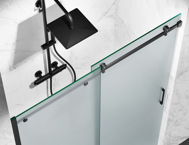 Drzwi prysznicowe rozsuwane prawe/lewe do wnęki 171-177 cm szkło 8mm mleczne profile czarny mat Swiss Liniger