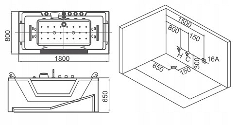 Wanna z hydromasażem 180x80 Carina 938 Hydrosan
