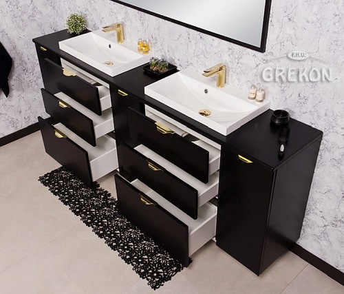 Czarna matowa szafka łazienkowa z dwiema umywalkami 210 cm Liv 2 Victa