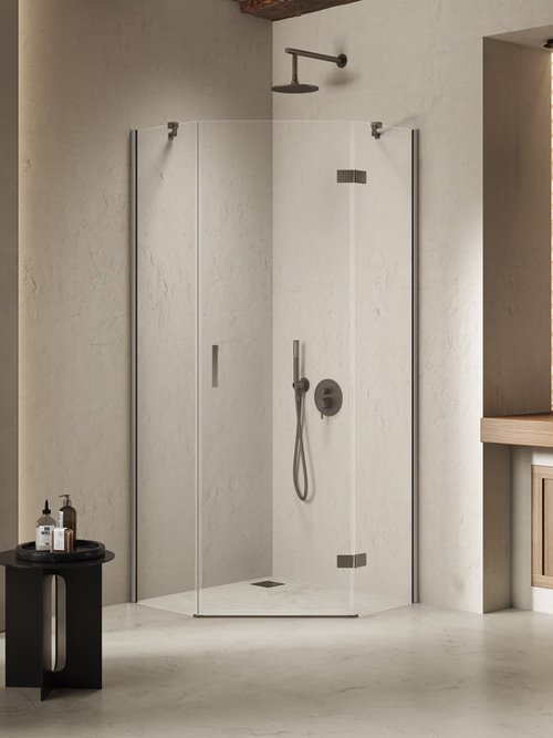 Kabina prysznicowa pięciokątna prawa drzwi uchylne kolor stal szczotkowana 80x80 cm K-4786 New Trendy Nesta Gunmetal Brushed