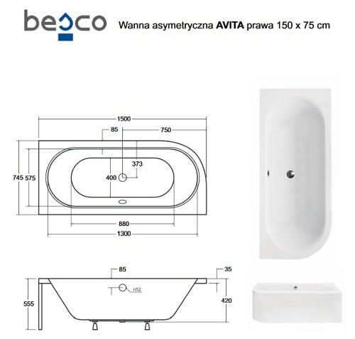 Wanna asymetryczna akrylowa Avita Besco 150 cm Prawa