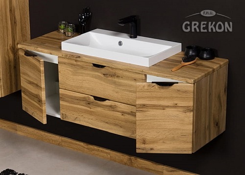 Szafka łazienkowa wisząca z umywalką nablatową dąb naturalny 120 cm Victa Gante