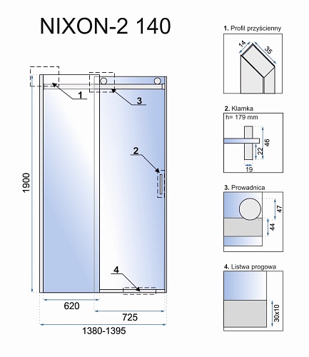 Drzwi prysznicowe Nixon Rea 140 cm Prawe
