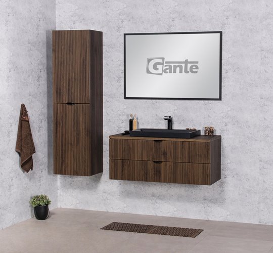 Szafka łazienkowa z lamelami wisząca z czarną umywalką nablatową 100 cm 39/2 Victa Lamello kolor orzech