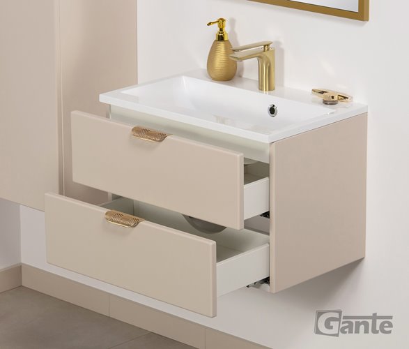 Piaskowa szafka łazienkowa wisząca z umywalką złoty uchwyt 60 cm Magnolia