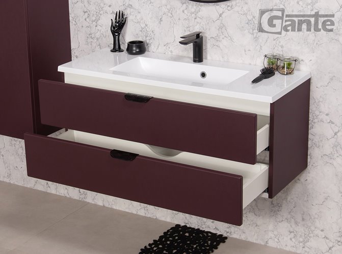 Szafka łazienkowa burgundowa z umywalką czarny uchwyt 100 cm Magnolia Gante