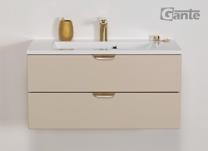 Piaskowa szafka łazienkowa wisząca z umywalką złoty uchwyt 80 cm Magnolia