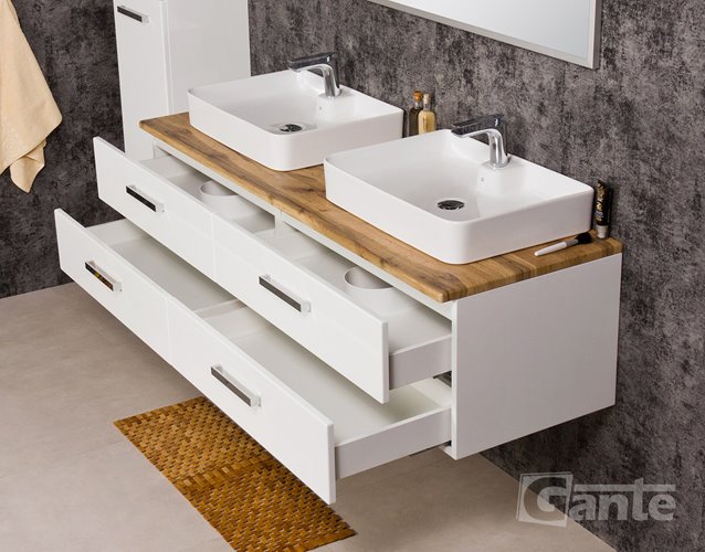 Szafka wisząca z dwiema umywalkami 160/50 cm blat dąb naturalny seria Fokus B