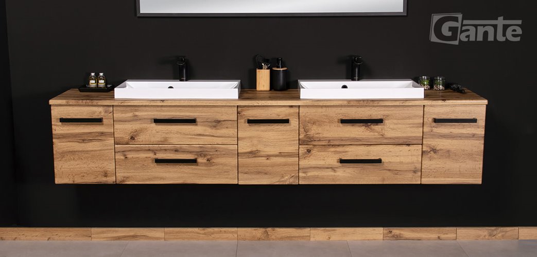 Szafka wisząca z dwiema umywalkami nablatowymi 210 cm kolor dąb naturalny seria Fokus Loft Gante