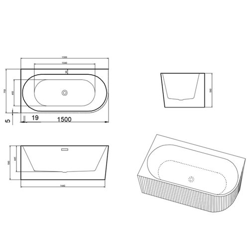 Wanna ryflowana przyścienna narożna lewa 150 cm Rio Hydrosan
