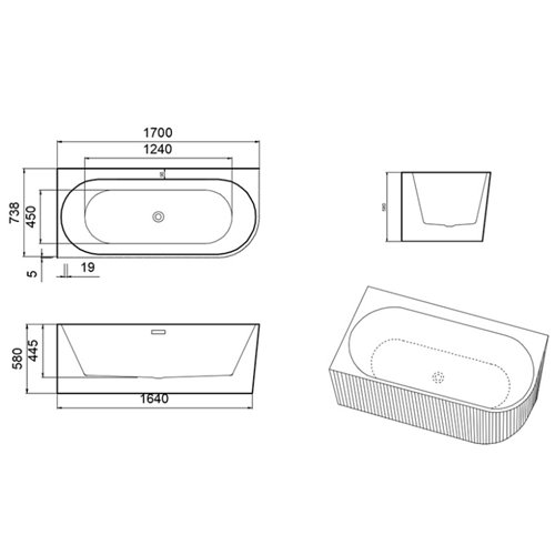 Wanna ryflowana przyścienna narożna lewa 170 cm Rio Hydrosan
