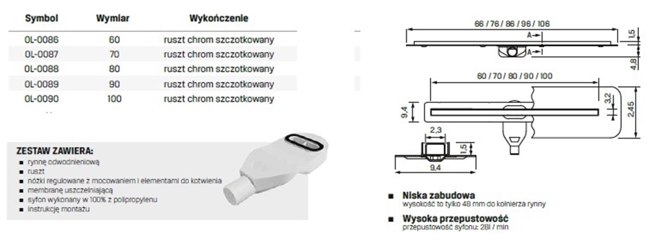 Visio Slim New Trendy odpływ liniowy 100 cm OL-0090 ruszt chrom szczotkowany zdjęcie 4