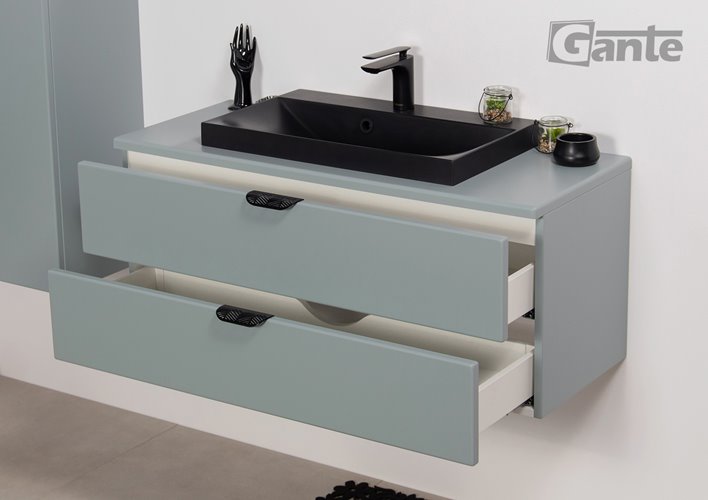 Miętowa szafka łazienkowa wisząca z czarną umywalką nablatową czarny uchwyt 100 cm Magnolia