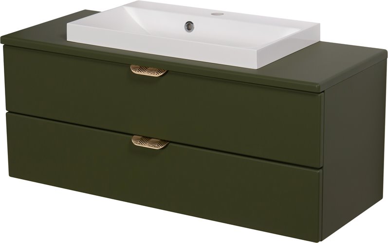 Szafka łazienkowa oliwkowa z umywalką nablatową złoty uchwyt 100 cm Magnolia Gante