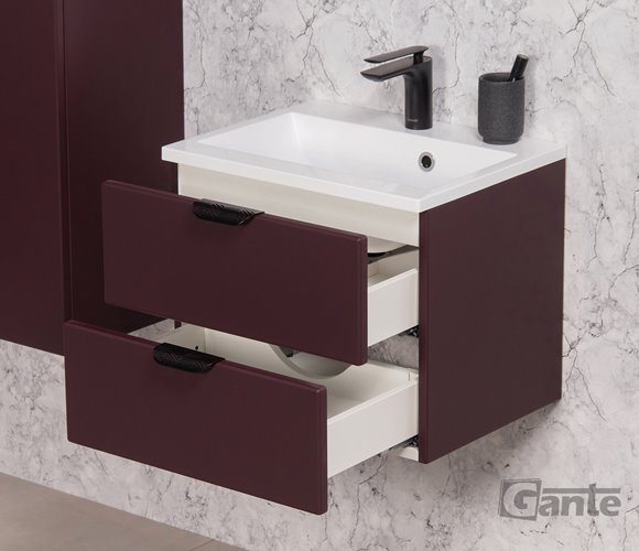 Burgundowa szafka łazienkowa wisząca z umywalką czarny uchwyt 50 cm Magnolia