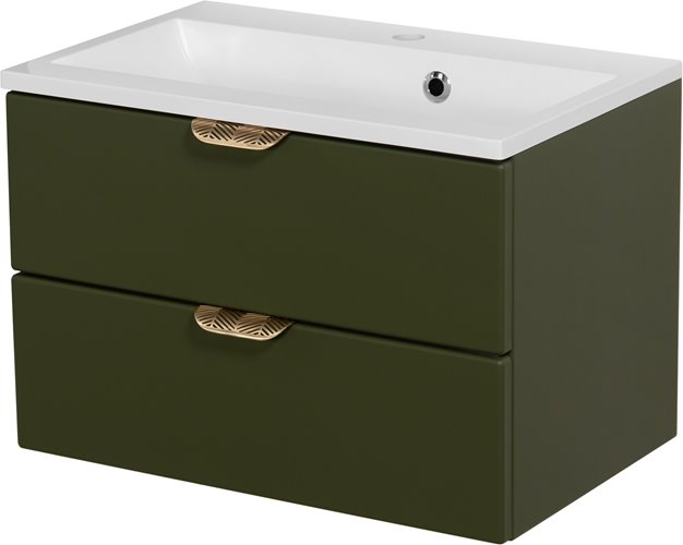 Oliwkowa szafka łazienkowa wisząca z umywalką złoty uchwyt 60 cm Magnolia