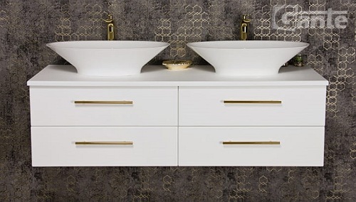 Szafka wisząca biały mat z dwiema umywalkami nablatowymi 140/50 cm Belli Gold Gante