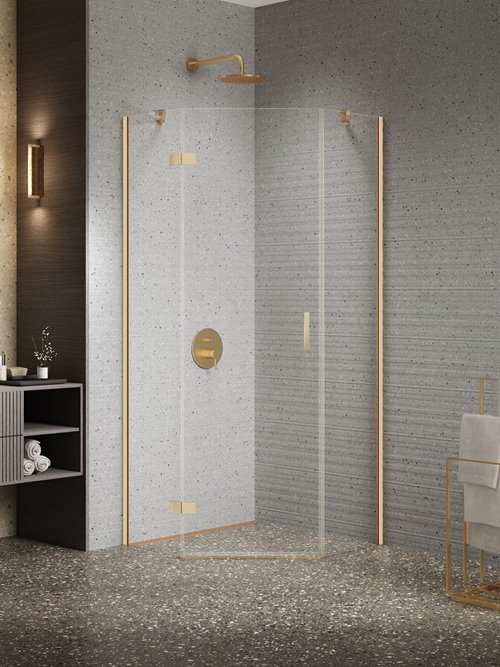 Kabina prysznicowa pięciokątna lewa drzwi uchylne kolor złoto szczotkowane 80x80 cm K-3799 New Trendy Nesta Gold Brushed