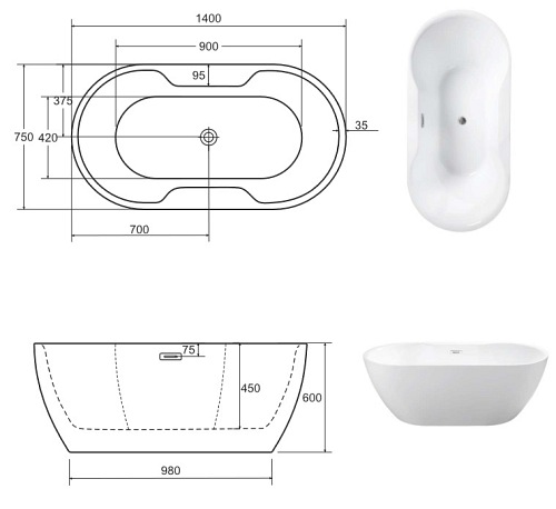Wanna wolnostojąca korek klik-klak chrom 140 cm Navia Besco