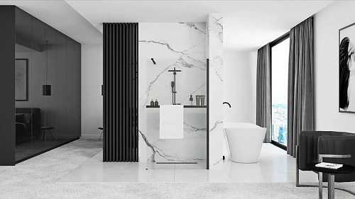 Czarna ścianka prysznicowa z półką i wieszakiem 120 cm Aero Black Evo Rea