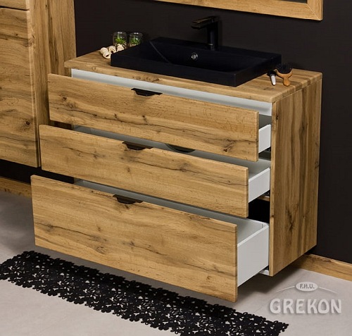 Szafka łazienkowa z czarną umywalką nablatową dąb naturalny 100 cm Victa Gante