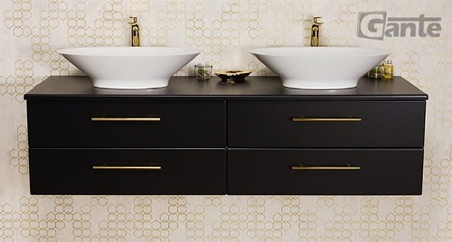 Szafka łazienkowa wisząca 160 cm czarny mat z dwiema umywalkami Belli Gold Gante
