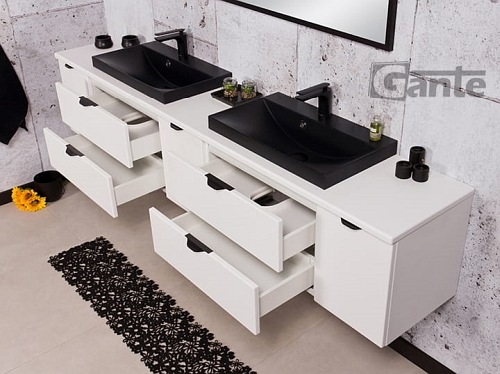 Biała matowa szafka łazienkowa z dwiema czarnymi umywalkami 210 cm Liv Victa