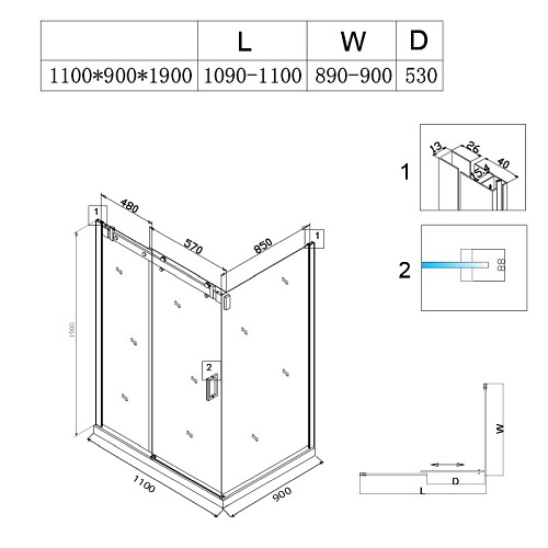 Czarna kabina prysznicowa prostokątna 110x90 szkło 8mm BS14B