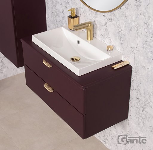 Burgundowa szafka łazienkowa wisząca z białą umywalką nablatową złoty uchwyt 80 cm Magnolia