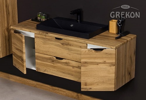 Szafka łazienkowa wisząca z czarną umywalką nablatową dąb naturalny 120 cm Victa Gante