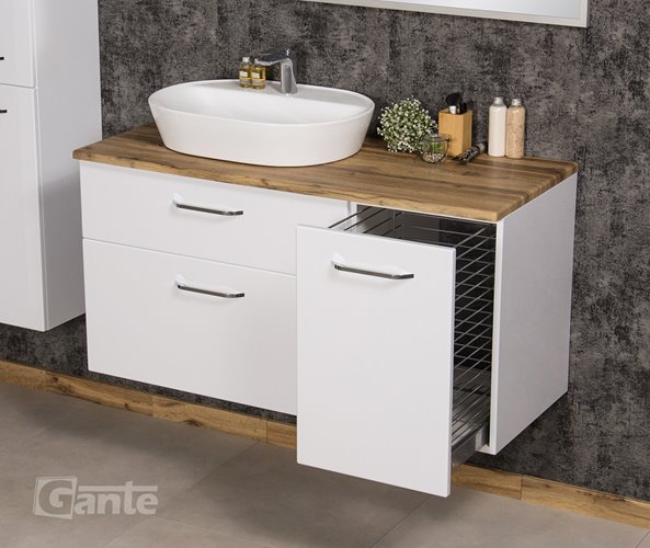 Szafka łazienkowa wisząca z umywalką nablatową i koszem 120 cm SETTO MODULO kolor biały połysk