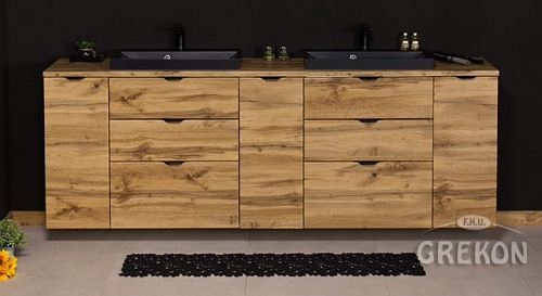 Szafka łazienkowa z czarnymi umywalkami nablatowymi dąb naturalny 210 cm Victa Gante