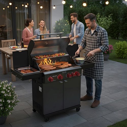 Grill gazowy ZEUS-C kolor czarny ruszt żeliwny moc 14,5 kW + pokrowiec + palnik boczny + LED zdjęcie 9