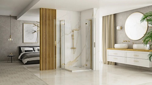 Złota szczotkowana kabina prysznicowa 90x90 uchylna podwójnie Hugo Double Rea Gold