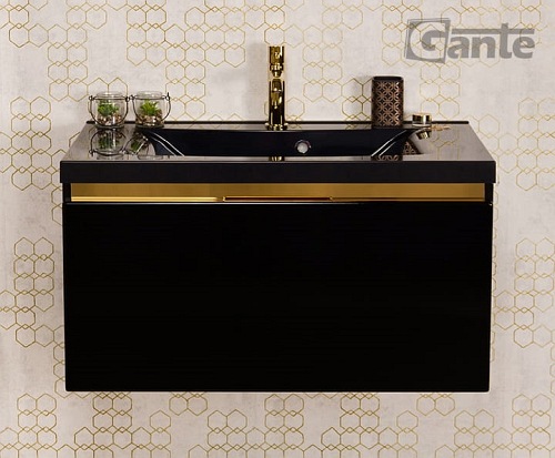 Czarna szafka z czarną umywalką złoty uchwyt 80 cm seria Diamond Gold Gante C