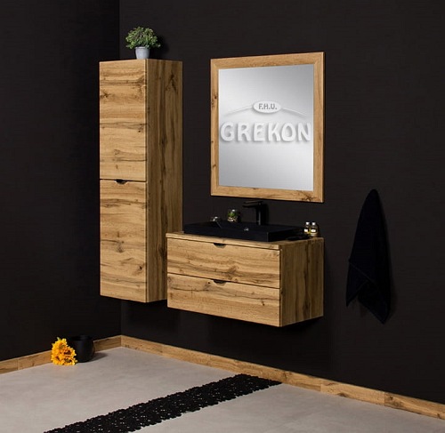 Szafka łazienkowa wisząca z czarną umywalką nablatową dąb naturalny 80 cm Victa Gante