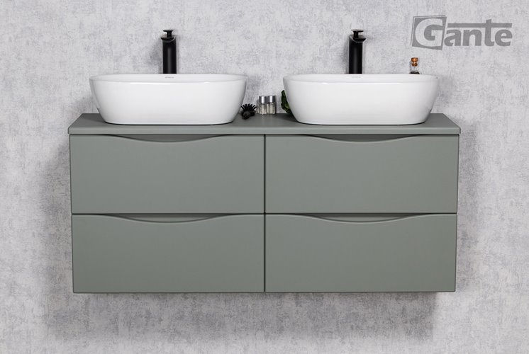 Szafka łazienkowa wisząca ONDA 120 cm szałwiowa z białymi umywalkami Gante