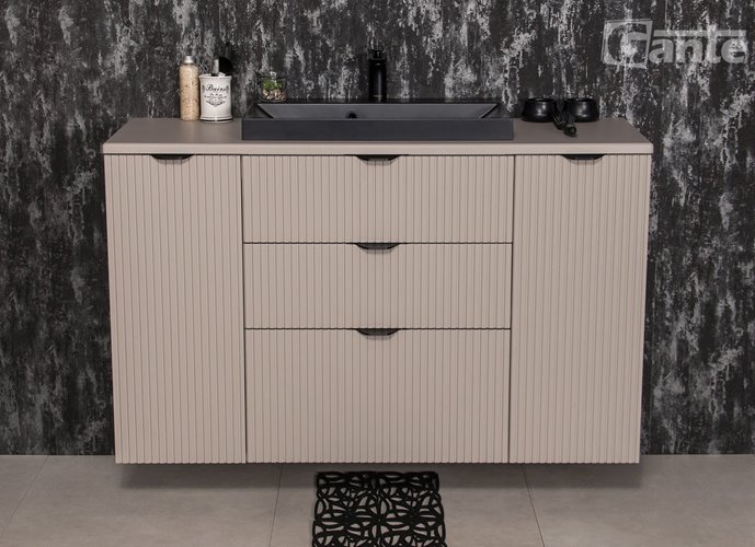 Szafka łazienkowa z lamelami wisząca z czarną nablatową umywalką 120 cm 39/3 Victa Lamello kolor fume mat