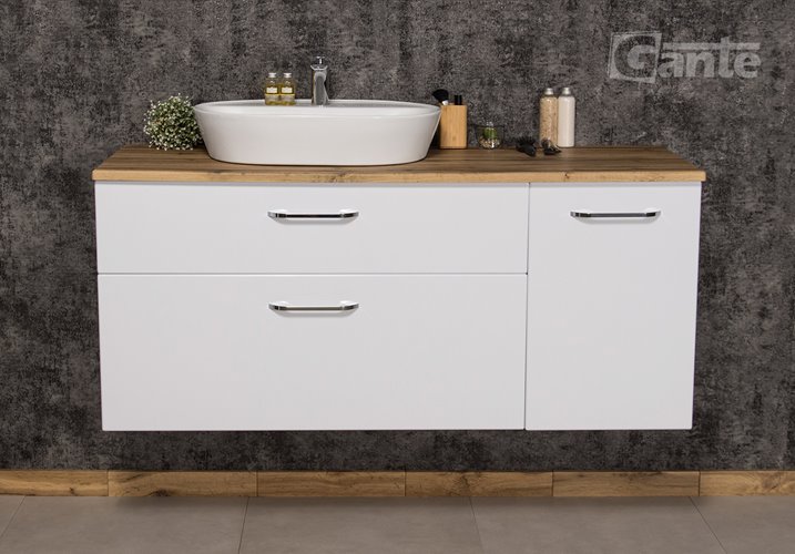 Szafka łazienkowa wisząca z umywalką nablatową i koszem 140 cm SETTO MODULO kolor biały połysk